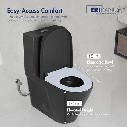 One Piece Toilet Elongated Dual Flush, 17.3" ADA Seat, Matte Black | ADA Compliant 17.3" chair height with soft close seat, Dual flush 1.1/1.6 GPF Elongated toilet bowl 12" rough-in, Matte Black - color: Matte Black 365Model
