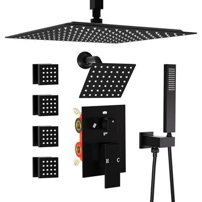 Enga Dual Shower Head Shower System with Body Jets, 12" Ceiling Mounted Rain Shower Head & 6" Wall Mounted Head Full Body Rainfall Shower Faucet with Valve Kit, Matte Black - color: Matte Black, style: Ceiling-12"+6"+Jets