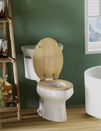 Angol Shiold ELONGATED Bamboo Wood Toilet Seat Soft Close 18.5Inch | Zinc Alloy Strong Hinges, Light, Easy to Install & Clean, Up to 400 lbs (Elongated 18.5", Natural Bamboo) - color: Soft Close, size: Elongated -18.5"