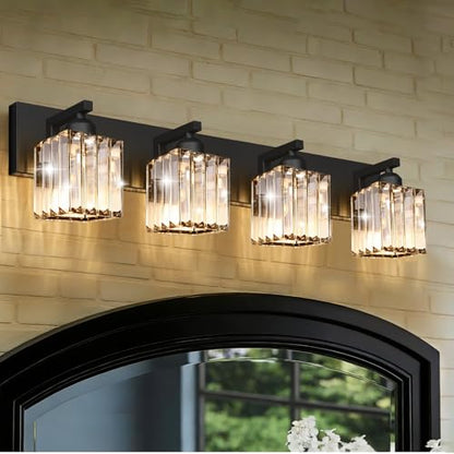 Black Crystal Bathroom Vanity Light, 4-Light Modern Bathroom Lighting Fixtures Over Mirror, Matte Black Wall Sconce Light Fixtures with Square Shade - color: Black-Square Shade, size: 4-LIGHT