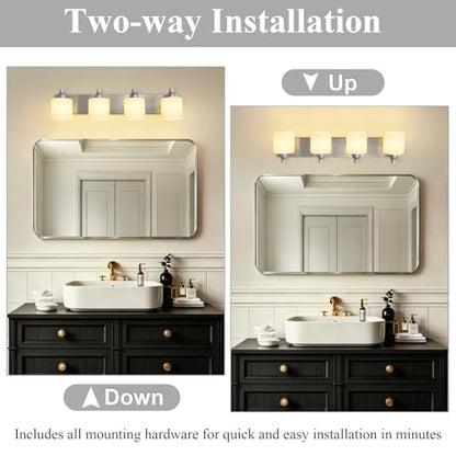 Mecgirn Stainless Steel Milk Glass Bathroom Vanity Light Over Mirror, 4 Light Brushed Nickel Bathroom Light Fixtures with Frosted Glass, Modern Vanity Lighting Wall Mount - color: Brushed Nickel, size: 4 Light