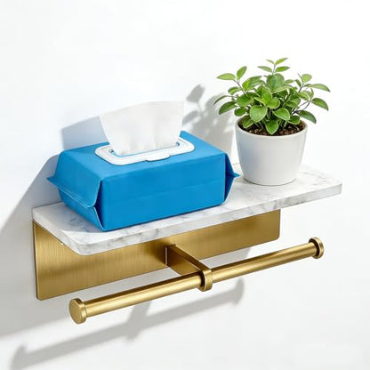 Brushed Gold Toilet Paper Holder Wall Mount, NEWRAIN Rustproof Commercial Double Toilet Tissue Holder with Marble Phone Shelf, Stainless Steel Toilet Roll Holder for Bathroom, Washroom, Hotel, RV - color: Brushed Gold, style: Marble