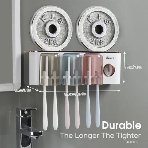 iHave Toothbrush Holders for Bathrooms Wall Mounted with Dispenser & 3 Cups | 9 Slots Wall Mount Toothbrush Holders for Bathrooms with Squeeze Toothpaste Dispenser, 3 Cups & 3 Compartments Organizer - color: White 3 Cups