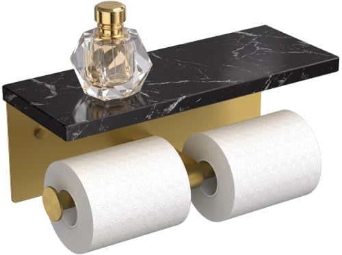 FORIOUS Toilet Paper Holder with Shelf, Commercial Toilet Paper Dispensers | Brushed Gold | Wall Mount Bathroom Tissue Holder | SUS304 Stainless Steel Rustproof | Double Tissue Roll Holder - color: Gold-marble