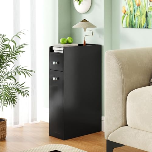 Giantex Slim Bathroom Storage Cabinet, Space-saving Toilet Side Cabinet with Slide-out Drawers on 3 Wheels, Freestanding Narrow Toilet Paper Holder for Living Room, Laundry Room, Compact Space (Black) - color: Black