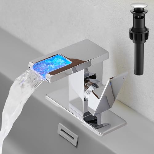 Hoimpro LED Bathroom Faucet, Single Handle Sink Faucets Polished Chrome | Waterfall Widespread Faucet, 3 Colors Light Changing, with Pop-up Drain & cUPC Supply Lines, for Sink Vanity RV Restroom - color: Polished Chrome