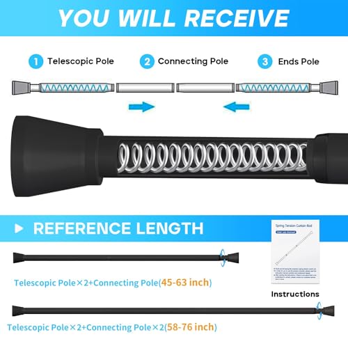 Shower Tension Curtain Rod Black 45 to 77 Inch Spring Tension Curtain Rod | Shower Rod Non Slip Shower Curtain Rod No Drilling 1pcs for Windows Adjustable Tension Rods of Curtain Window Closet Kitchen - color: Black, size: 45-77 inch 1pcs