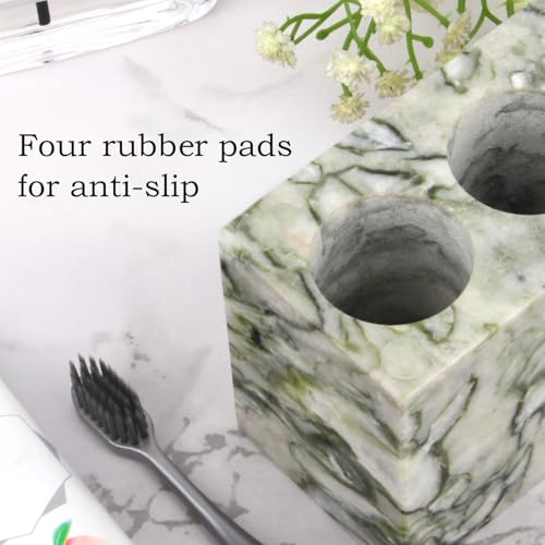 Natural Marble Toothbrush Holder, Green Emerald, 3 Slots | Large Bathroom Organizer Countertop, Ventilation Design, Stone Toothbrush and Toothpaste Stand, Non-Slip Silicone Pads - color: Green Emerald, size: 3 Slots