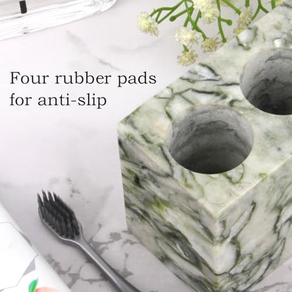 Natural Marble Toothbrush Holder, Green Emerald, 3 Slots | Large Bathroom Organizer Countertop, Ventilation Design, Stone Toothbrush and Toothpaste Stand, Non-Slip Silicone Pads - color: Green Emerald, size: 3 Slots