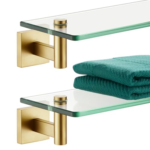 KOKOSIRI Wall Shelves Floating Shelf 20'' Gold Stainless Steel Bathroom Hardware Tempered Glass Hanging Rack Storage/Room Decor 2 Pack B1105BG-L20-P2 - color: Brushed Gold, size: 20-Inch(2 Pack)
