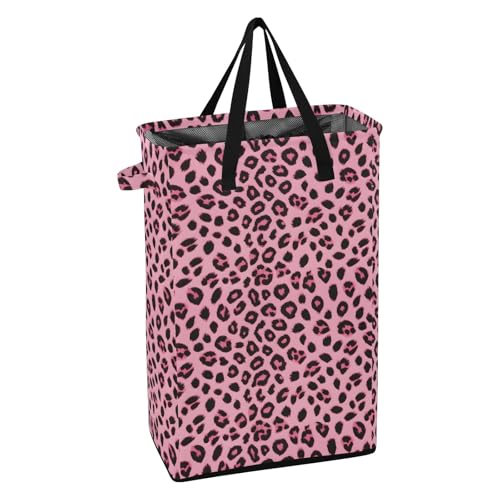 Pinks Leopard Cheetah Laundry Hamper Dirty Clothes Laundry Basket Bin for Bedroom Bathroom with Handles Slim Tall Collapsible Waterproof Freestanding 48L - color: Pinks Leopard cheetah