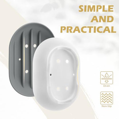 BlingKingdom 2 PCS Silicone Soap Dishes, Soap Tray with Drain | Non-Slip, Portable Self Draining Soap Holder for Shower, Bathroom, Kitchen Sink (White and Grey)