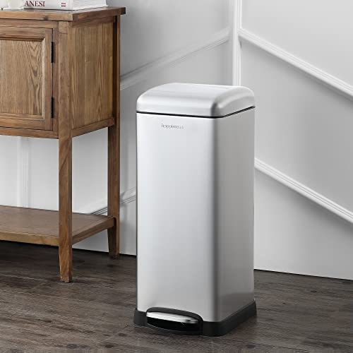 happimess Betty 8 Gal Step Trash Can Soft-Close Lid, Platinum Silver | Fingerprint Resistant, Removable Liner, Semi-Rectangular, Steel Pedal, Iron Powder Coated, 27" Height, Non-Skid Base - color: Chrome