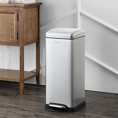 happimess Betty 8 Gal Step Trash Can Soft-Close Lid, Platinum Silver | Fingerprint Resistant, Removable Liner, Semi-Rectangular, Steel Pedal, Iron Powder Coated, 27" Height, Non-Skid Base - color: Chrome