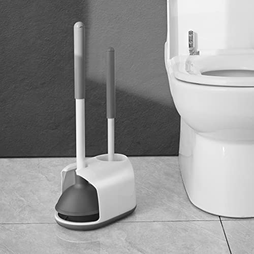 Eyliden Toilet Plunger and Brush Set, 2-in-1 Compact Holder, White | Unclogs Toilets, Deep Cleans Bowls, Nylon Bristles, Rubber Cup, Durable Plastic Caddy, Space-Saver, Bathroom Cleaning Tools - color: White & Grey