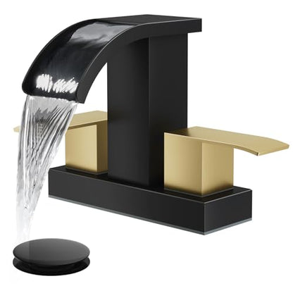 gotonovo Waterfall 4’’ Centerset Bathroom Sink Faucet Black&Brushed Gold | 2 Handle Bathroom Faucet,SUS304,2 or 3 Hole,2.17’’ Wide Spout,24’’ cUPC Water Line,Pop Up Drain,Vanity,RV,Lavatory Modern Tap - color: Black&Gold