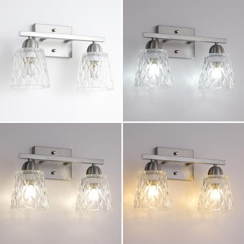 Mecgirn Stainless Steel Bathroom Vanity Light Over Mirror, 2 Light Brushed Nickel Bathroom Light Fixtures with Textured Glass Shades, Modern Vanity Lighting Wall Mount - color: Brushed Nickel, size: 2 Light