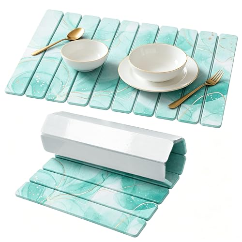 Stone Drying Mat for Kitchen Counter, Quick Diatomaceous Earth Mats for Dishes, 24"L x 16" W Super Absorbent Fast-Drying Collapsible Countertop Stone Mat (Marble White Green-01, 24" x 16") - color: Marble White Green-01