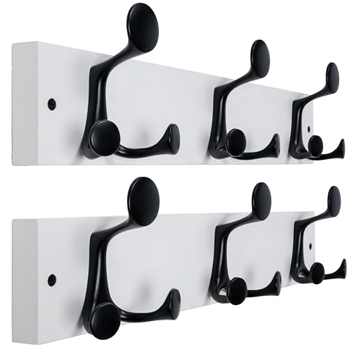 WEBI Coat Rack Wall Mount,17" Solid Wood Coat Hooks Wall Mounted Coat Hanger,16" Hole to Hole,Heavy Duty Hook Rack Rail,3 Triple Hooks for Hanging Coats,Jacket,Clothes,Hat,Backpack,White,2 Packs - color: White, size: 17 Inch(2 Pcs)