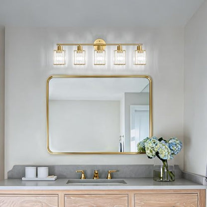 5 Light Bathroom Light Fixtures, Modern Crystal Vanity Lights over Mirror | Metal Frame, Bathroom Light with Square Crystal Shade, ETL Certified, E26 Ceramic Socket, Bulbs Not Included - color: Gold, size: 5-Light