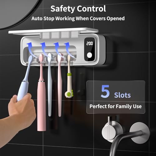 Toothbrush Sanitizer and Holders, UV Toothbrush Sanitizer Holder for Bathroom with 5 Slot, Timer Function, 2000mAh Rechargeable Toothbrush Cleaner Holder Wall Mounted Without Drilling