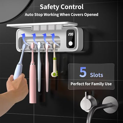 Toothbrush Sanitizer and Holders, UV Toothbrush Sanitizer Holder for Bathroom with 5 Slot, Timer Function, 2000mAh Rechargeable Toothbrush Cleaner Holder Wall Mounted Without Drilling