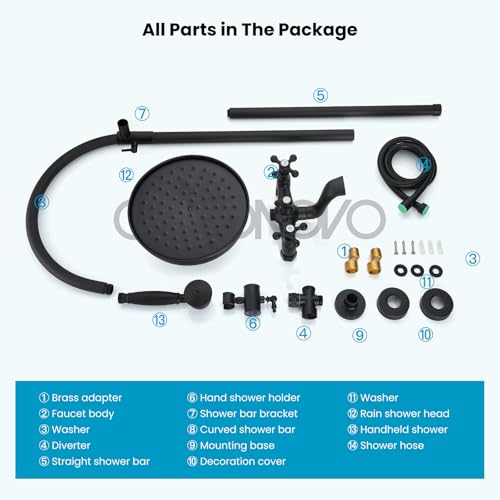 gotonovo Exposed Shower Faucet Set with Tub Spout Matte Black | Brass Bathroom Shower System,8 Inch Rainfall Head with Handheld Spray and Tub Filler,Adjustable Height,6’’ Hole Distance - color: Black