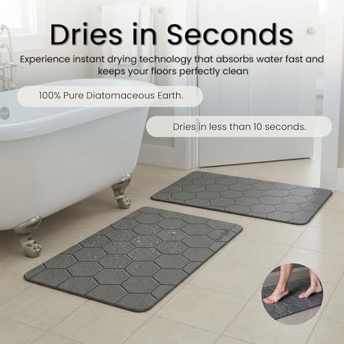 Stone Bath Mat - Premium Instant Absorption Natural Diatomaceous Earth Shower Mat 24"x16", Anti-Mold - Non-Slip Design, Ultra-Fast Drying Bathroom Floor Mat with Honeycomb Pattern, Gray