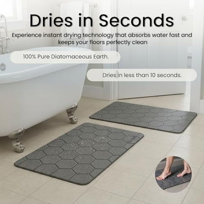 Stone Bath Mat - Premium Instant Absorption Natural Diatomaceous Earth Shower Mat 24"x16", Anti-Mold - Non-Slip Design, Ultra-Fast Drying Bathroom Floor Mat with Honeycomb Pattern, Gray