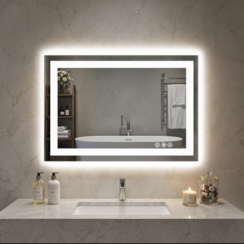 NEWBULIG 24"x32" Smart Anti-Fog LED Bathroom Mirror with Front Light & Backlit, 3 Color Modes, Dimmable, Memory Function, Wall-Mounted Modern Rectangular Vanity Mirror, White - color: Led-white, size: 24.1"L x 32"W