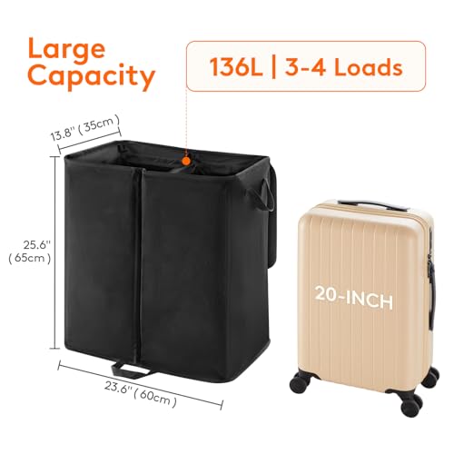 Lifewit 136L Double Laundry Hamper with Lid and Removable Laundry Bags, Large Divided Hamper, Collapsible 2 Section Laundry Basket with Handles for Bedroom, Bathroom, College Dorm, Laundry Room, Black - color: Black