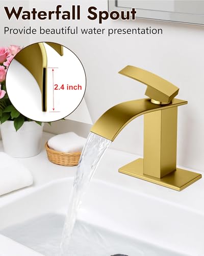 Midanya Waterfall Bathroom Faucet 1 Hole,Gold | with 24” Hoses,Pop Up Drain,6” Deck Plate,for 1 or 3 Hole Vanity,Lavatory,RV,Single Handle Bathroom Sink Faucet,NSF Certified - color: Gold