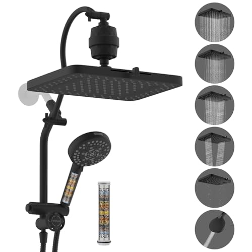 Hibbent 5-spray Dual Filtered Rainfall Shower Head with 10 Spray Handheld | High Pressure 13'' Showerhead Combo, Easy Reach 4-way Diverter Arm with Pause Mode, 71'' Hose & Holder, Matte Black - color: Black, style: Square 13" with filter