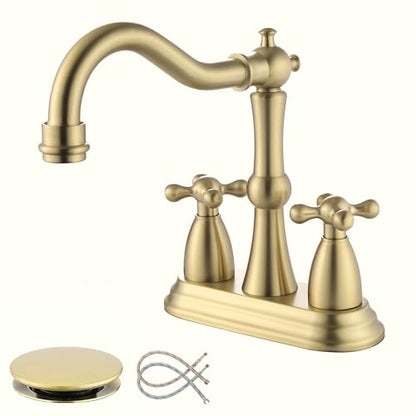 Antique Bathroom Faucet Brushed Gold, Senhozi Cross Handles Centerset Bathroom Faucet for Sink 3 Hole with Overflow Pop Up Drain Assembly and Supply Hose, SUS304 RV Bathroom Faucet 3 Hole, SE-0038-BG - color: Brushed Gold