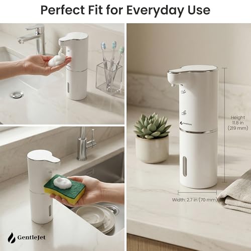 GentleJet JetFoam Automatic Foam Soap Dispenser Touchless Sensor, USB-C Rechargeable, Adjustable Output, IPX5 Waterproof, 300 ml, Bathroom & Kitchen Countertop - color: White
