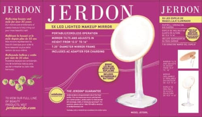 JERDON Lighted Tabletop Makeup Mirror - Makeup Mirror with 5X Magnification in Rose Gold Finish - 7.25-inch Round Vanity Mirror - Model JS725RL | 7.25" Round Frame, Adjustable 12.5" to 16" Height