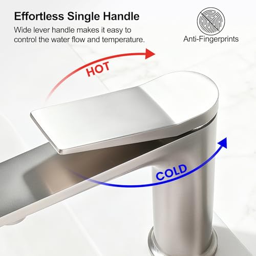 Rbrohant Single Hole Bathroom Faucet, Brushed Nickel Single Handle Bathroom Sink Faucets for 1 Hole, Bathroom Vanity Faucet with Pop up Drain, Deck Mount, R2001-BN - color: Brushed Nickel, style: No Escutcheon