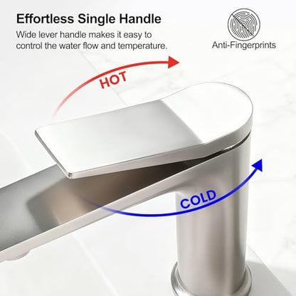Rbrohant Single Hole Bathroom Faucet, Brushed Nickel Single Handle Bathroom Sink Faucets for 1 Hole, Bathroom Vanity Faucet with Pop up Drain, Deck Mount, R2001-BN - color: Brushed Nickel, style: No Escutcheon