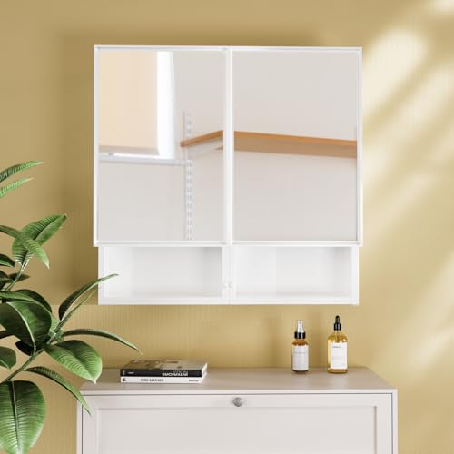 32x26 Inch Bathroom Medicine Cabinet with Mirror, Double Door Wall Mounted Storage with Extra Drawers, Bevel Edge Mirror, Adjustable Shelves, for Recessed or Surface Mount Installation - style: CS5003-3226