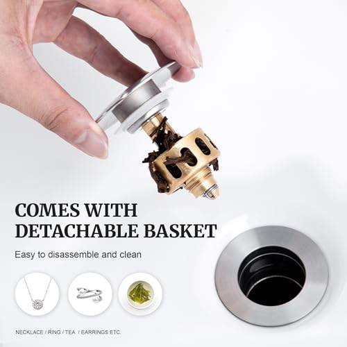 Pop up Sink Drain Stopper with Overflow Brushed Nickel for Bathroom Vessel Vanity Sink Art Basin，Big Cap Sink Drain with Overflow, Metal Pop-up Drain Strainer with Detachable Basket Stopper - color: Brushed Nickel, style: with overflow