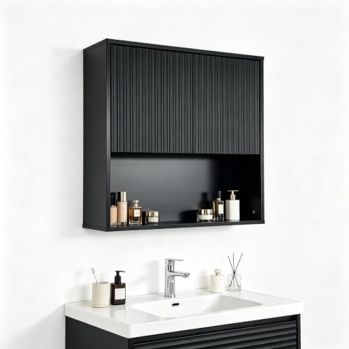 Fluted Bathroom Wall Cabinet Over the Toilet Storage,Wall Mounted Cabinet with Adjustable Shelf,Floating Cabinet Organizer Hanging Cabinet,Kitchen and Laundry Room Cabinets (Black, 1 PC) - color: Black