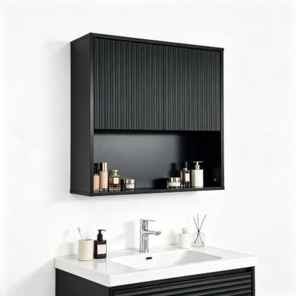 Fluted Bathroom Wall Cabinet Over the Toilet Storage,Wall Mounted Cabinet with Adjustable Shelf,Floating Cabinet Organizer Hanging Cabinet,Kitchen and Laundry Room Cabinets (Black, 1 PC) - color: Black