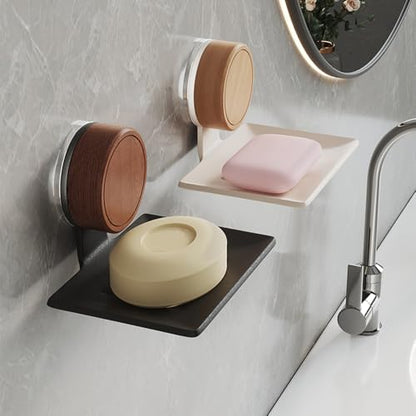 Soap Dish, Walnut and Stainless Steel, Soap Bar Holder for Shower Suction Cup Wall Mounted, No-Drilling Waterproof Sponge Holder (White)