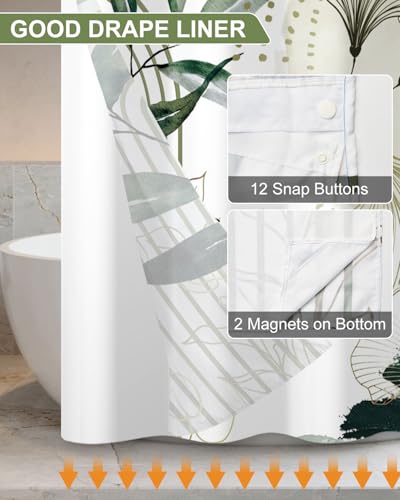 Modern No Hook Shower Curtain with Snap in Liner Set, 71x74 Inch | Double layer Waterproof Fabric with Mesh Top, Abstract Green Botanical Leaf & Geometric Print for Boho & Mid Century Bathroom - color: Boho-3