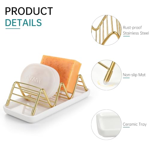 Stainless Steel Soap Dish Draining Soap Holder with Ceramic Tray, Gold | Reversible Design Fits 2-3 Bars, Rustproof, Easy to Clean, Space Saving, Non Slip, for Bathroom, Shower, Kitchen - color: Gold, size: 6.3" x 3.0"(with tray)