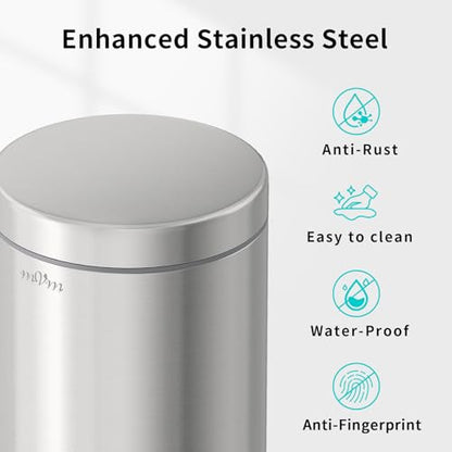 mVm Small Trash Can,1.3 Gallon/5 Lliter Step Bathroom Trash Can with Lid and Foot Pedal,Anti-Fingerprint,Soft-Close.Round Brushed Stainless Steel Garbage Can for Bathroom,Office,Living Room (Silver) - color: Silver, size: 1.3Gal/5L