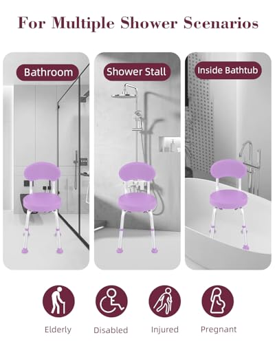 Swivel Shower Chair, 360° Non-Slip Shower Seat with Backrest for Elderly and Disabled, Height Adjustable Rotating Tub Bench for Seniors Bathroom Inside Shower with Compact Frame (Purple) - color: Purple
