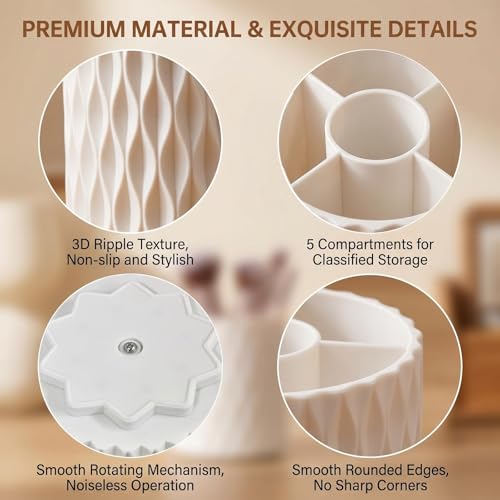 VASANA White Plastic Makeup Brush Holder Organizer 5 Slots 360 Rotating Makeup Brushes Container Round Spinning Cosmetic Storage Cup Desk Bathroom Vanity Beauty Tool for Lipsticks Eyebrow Pencils