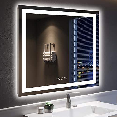 36x36 Inch LED Bathroom Mirror with Lights Front and Backlit Lighted Vanity Mirror for Bathroom Wall with 3 Colors Dimmable Anti-Fog Memory Shatter-Proof IP54 Waterproof Horizontal/Vertical - color: Backlit+front Lit, size: 36"L x 36"W