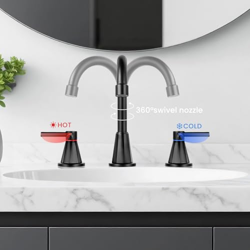 8 Inch Bathroom Faucet 3 Hole Black 2 Handle Bathroom Sink Faucet | Stainless Steel, 360° Swivel Spout, Widespread 2 Handle, Includes Pop-Up Drain,Water Supply Lines, Matte Black - color: Matte Black